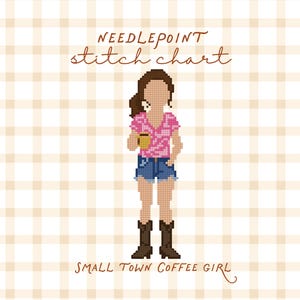 May include: A needlepoint stitch chart featuring a pixelated illustration of a person with brown hair wearing a pink v-neck top, blue denim shorts, and brown boots, holding a yellow mug. The text reads NEEDLEPOINT stitch chart and SMALL TOWN COFFEE GIRL.