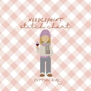 Può includere: Uno schema a punto croce intitolato NEEDLEPOINT stitch chart COTTAGE GIRL raffigurante una figura pixelata con berretto color lavanda, maglione bianco, sciarpa a righe e pantaloni grigi, che tiene un bicchiere di vino rosso su sfondo a quadretti rosa.