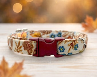 Fall Floral  Collar | Autumn Leaves | Blue Floral Cat Collar | Burgundy Cat Collar  Cat  Small Dog & Cat Collar 3/8" - Sizes 6-10" 7-12"