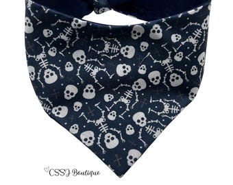 Navy Blue Skeleton Dog Bandana | Spooky Halloween Pet Accessory (Custom Size)