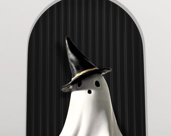 Handmade Ceramic Ghost Witch Hat Decor | Spooky Halloween Desk Figurine