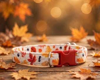 Fall Leaves - Small Dog & Cat Collar 3/8" - Boho Beige floral Collar - Breakaway or Regular Buckle - Sizes 6-10" 7-12"