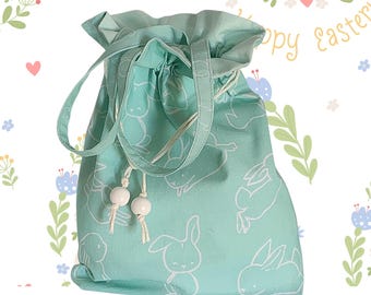 Handmade Easter Bunny Cotton Gift Bag – Teal Drawstring Bag with Lining, Reusable Spring Treat Bag