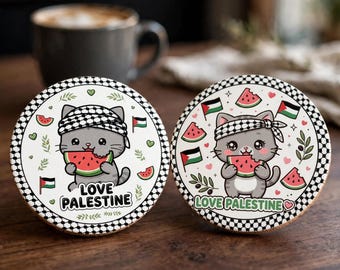 Love Palestine Cat Coaster Set | Watermelon Kitty MDF Coaster 4 Inch Round | Palestine Flag Coaster | Kawaii Cat Lover Gift | Cork Backing