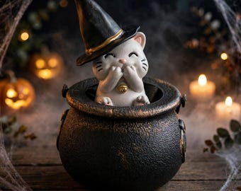 Handmade Witch Cat in Cauldron - Ceramic Kitty Figurine - Tiered Tray Halloween Decor- Shelf Decor or Hanging Ornament