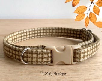 Handmade Fall Dog Cat Collar, Plaid, Neutral  (7-12" or 9-15") 3/8” buckle width