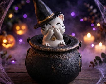 Handmade Witch Cat in Cauldron - Ceramic Kitty Figurine - Tiered Tray Halloween Decor- Shelf Decor or Hanging Ornament