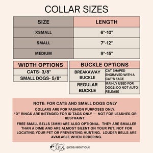 May include: A size chart for pet collars with text detailing length options from 6 to 15 inches, width options of 3/8 and 5/8 inches, and buckle types including breakaway cat-shaped and regular buckles, plus notes on usage and optional 3mm bells.