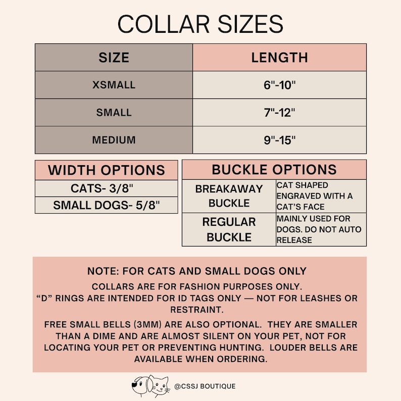 May include: A size chart for pet collars with text detailing length options from 6 to 15 inches, width options of 3/8 and 5/8 inches, and buckle types including breakaway cat-shaped and regular buckles, plus notes on usage and optional 3mm bells.