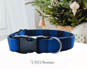 Elegant Blue Plaid Dog Collar – Handmade Holiday Pet Collar