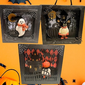 Spookachtige Halloween-muurkunst mixed media – geest, pompoenkop en vintage clownkat | Spookhuisdecoratie