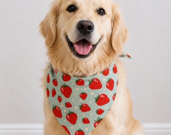 Handmade Strawberry Dog Bandana – Mint Green Floral Print, Custom Sizing (Small, Medium, Large)
