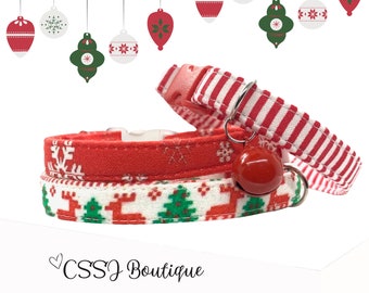May include: Three red and white Christmas-themed cat collars with a bell charm. The collars feature snowflake, reindeer, and Christmas tree patterns.