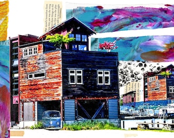 BOATHOUSE ARCHITECTURE ART Print | Langley Marina Art | Northern Lights Mixed Media Collage Print | Whidbey Island Painting | Bus Print