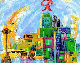 RAINIER BEER BREWERY Art Print | 'Rainier Space Needle' | Seattle Mixed Media Painting Print | Eclectic Wall Collage Artwork | | Georgetown