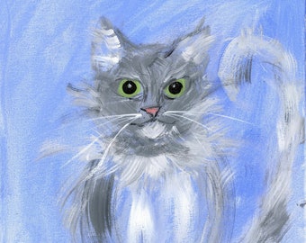 CAT PAINTING PRINT | Gray Cat Art Print | Kitten Acrylic Abstract Whimsical Print| Periwinkle Blue Art