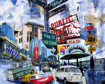 Pike Place Market, Seattle Art, Collage Print, Ellenos, VW Van Bus, Pacific Northwest Art, Mixed Media Artwork, SCCA Painting Print #156