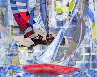Sailboat Painting, Sailing Print, Coastal Beach Decor, Boat Wall Art Print, Red Sailboats, Ocean Beach, Sail Boat Mixed Media Collage Print