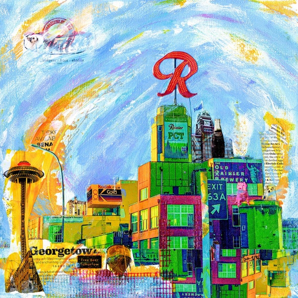 RAINIER BEER BREWERY Art Print | 'Rainier Space Needle' | Seattle Mixed Media Painting Print | Eclectic Wall Collage Artwork | | Georgetown