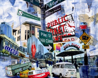 Seattle Art Print |  Fred Hutch Print | Seattle Mixed Media Painting | Pike Place Market | Bus Single Cab Collage | Pacific Northwest