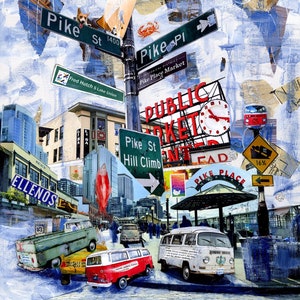 Seattle Art Print |  Fred Hutch Print | Seattle Mixed Media Painting | Pike Place Market | Bus Single Cab Collage | Pacific Northwest