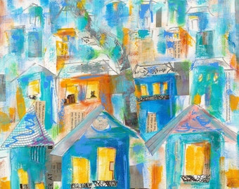 Retro Cityscape 'Blue Houses' Print, Midcentury Modern Painting, Whimsical Art, Abstract Houses City Art, Abstract Mixed Media Urban Print