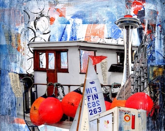 FISHING BOAT PRINT |  Nautical Sailboat Painting | Seattle Space Needle | Choose your print size