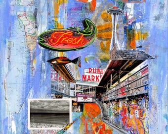 POST ALLEY Seattle Art Fish  Print | Pike Place Market | Coastal Decor | Seattle Grunge Art | Abstract Collage Space Needle Paper Print