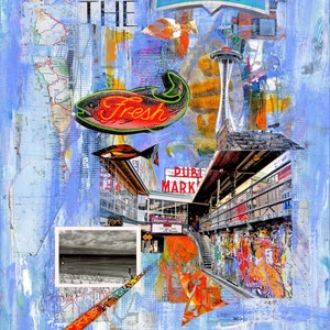 POST ALLEY Seattle Art Fish  Print | Pike Place Market | Coastal Decor | Seattle Grunge Art | Abstract Collage Space Needle Paper Print