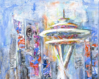 SPACE NEEDLE PRINT | Seattle Painting | Pacific Northwest Art | Contemporary Art | Abstract Mixed Media Decor | Brigitte Bardot l Art Print