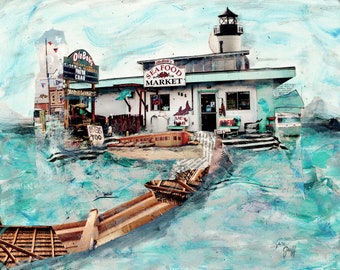 Coastal Print, Beach House Art, Ilwaco Harbor, Bob's Seafood Market, Mixed Media Art, Fish Market, Coastal Wall Decor, Ocean Print