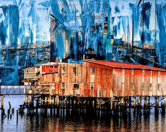 FISHING FLOATING DEPOT Art Print | Collage Coastal Artwork | Astoria Oregon Coast | Columbia River Fishing Transfer Station Art Print