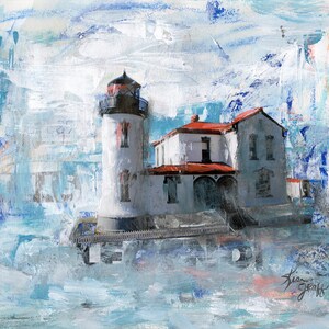 Admiralty Head Lighthouse, Abstract Mixed Media, Legend Lighthouse Print, Sea Coastal Print, Pacific Northwest Collage, Whidbey Island Art