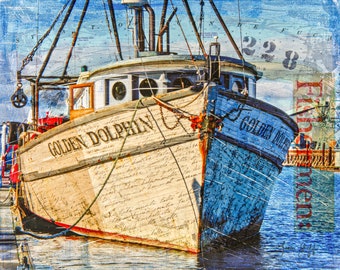 Boat Art Print, Port Angeles Artwork, Beach House Decor, Golden Dolphin Boat, Ocean Sea Wall Art, Nautical Mixed Media, Fishing Print #33