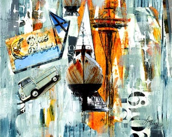 BLUE MOON TAVERN Art Print |  Space Needle Abstract Realism Art | Bus Van Boat Print | Seattle Collage Mixed Media Painting | Rustic Print