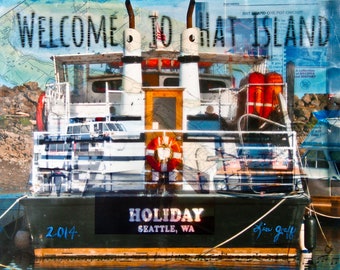 Hat Island Ferry Boat Print, 2014 Print, Coastal Mixed Media Art Print, Welcome to Hat Island, Gedney Island Pacific Northwest Boat Painting