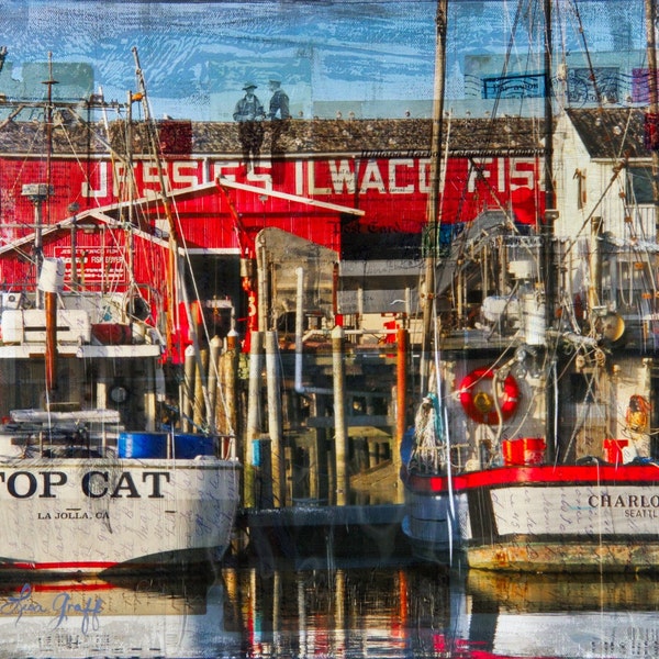 Fishing Boat Print, Captain Art, Nautical Art Print 'Top Cat Charlotte' Coastal Beach Boat Decor, Ilwaco Harbor Mixed Media Art Print #93