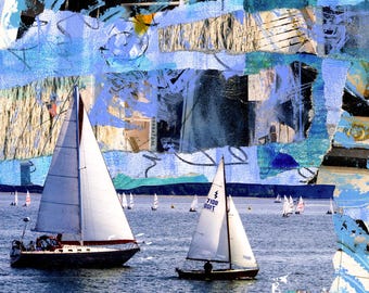 ISLANDER COASTAL PRINT | Sailboat Nautical Mixed Media Print | Boating Sailing Abstract Art  Painting Print