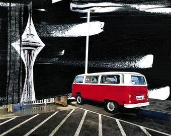 SEATTLE BUS ART Print | Retro Wall Art Painting | Red Black White Van Bug | Space Needle Painting | Boho Bus Mixed Media | | Abbey Road Art