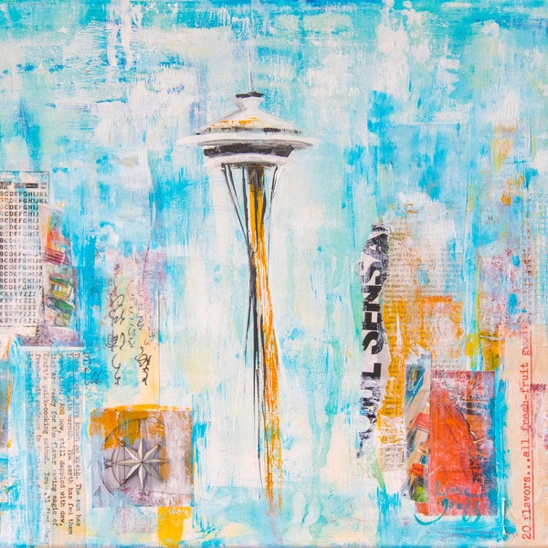 Space Needle Art Print | Seattle Urban Abstract Painting | Edgy City Art | Pacific Northwest Mixed Media Collage | Surreal Grunge Art Print