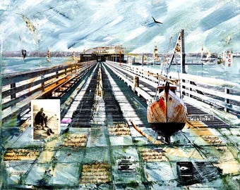 WHIDBEY ISLAND ART Print 'Golden Dock' Coupeville Wharf  | Beach House Collage