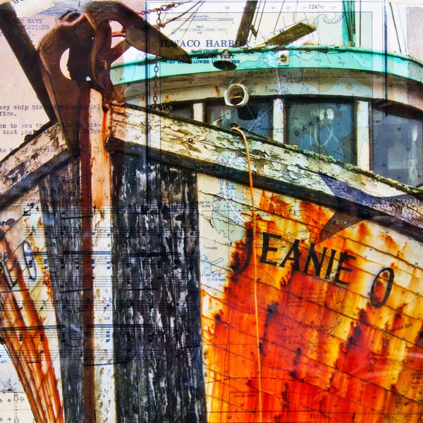 BOAT PAINTING PRINT | Ilwaco Harbor Coastal Art | Jeanie O Rustic Boat Collage | Ocean Beach Coastal Wall Art | Mixed Media Grunge Art