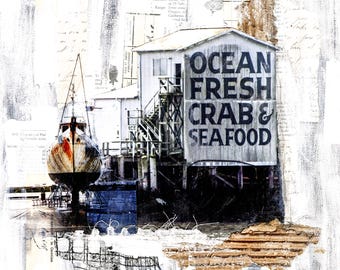 FISH SHACK CANVAS| Black and White Fish Art Print | Coastal Fishing Boat | Ocean Fresh Crab & Seafood | Collage Wall Print #200