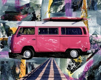 Pink Bus Van Print |  Retro Wall Art | Boho Bus Mixed Media | Bohemian Collage