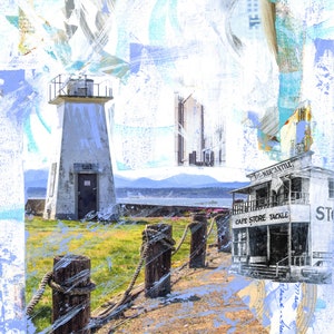 WHIDBEY ISLAND MERCANTILE Art Print | 'Bush Point Mercantile' | Coastal Lighthouse Mixed Media Artwork | Pacific Northwest Lighthouse Print