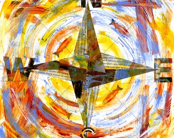 COMPASS ROSE ART | Coastal Art Print | Nautical Wall Print | Compass Mixed Media Collage Painting Print | Beach House Print | Ocean Wall Art