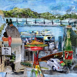 SAN JUAN ISLANDS Art Print  |  Friday Harbor Painting Print | Herbs Tavern | Ferry Boat & Space Needle | Beach House Painting Print