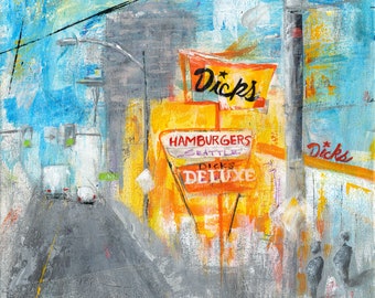 DICKS DRIVE IN Art Print |  Dicks Burger Art |  Seattle Burg Painting |  Space Needle  |  Urban Wall Art