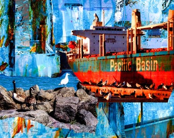 Pacific Basin Freighter Boat Art Print | Collage Coastal Artwork | Astoria Oregon Coast | Columbia River | Rusty Rustic Wall Decor