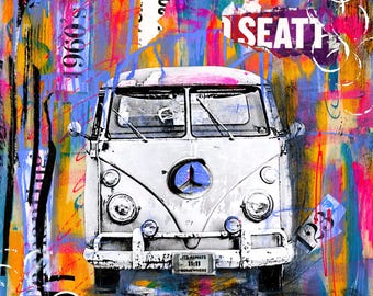 RETRO BUS ART Print | Seattle Grunge Art | Hippie Van | Hippie Mobile | Peace Mixed Media Collage | Bug Camp Mobile Mid Century Modern Print
